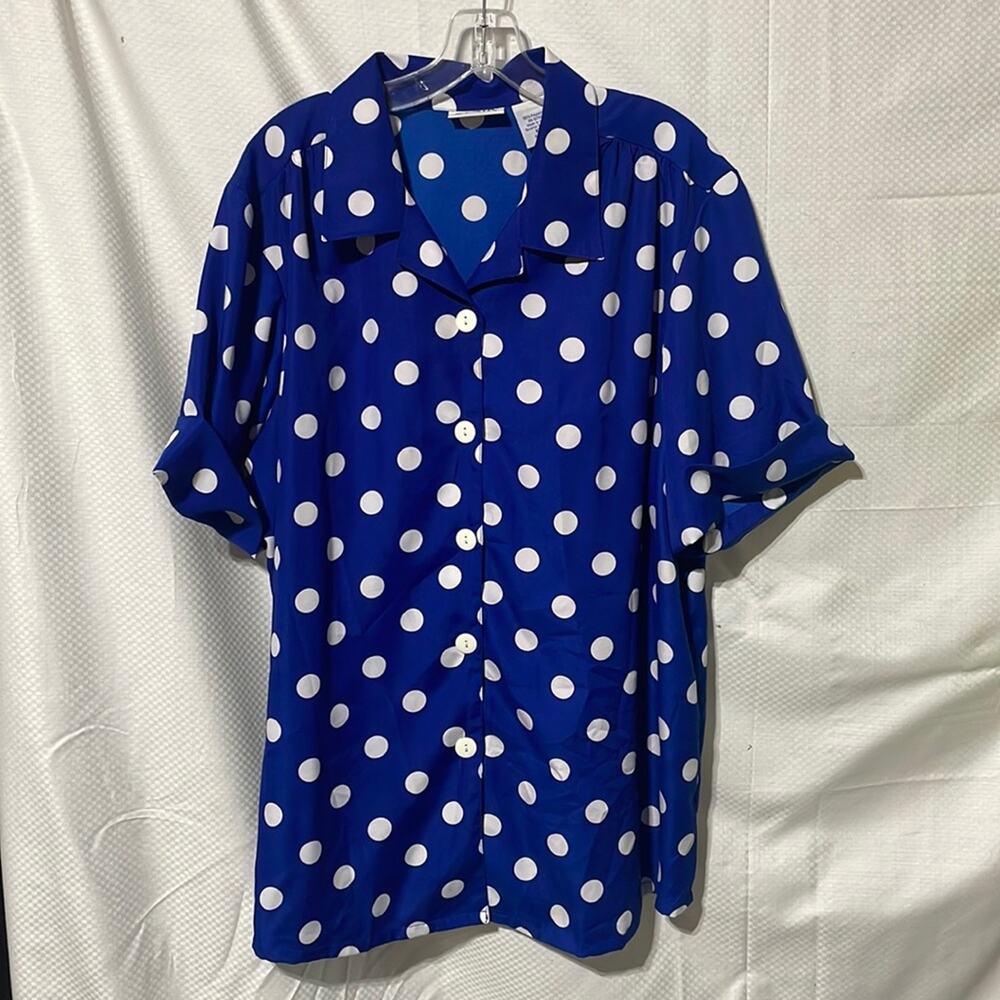 Blair 81700 xl blue white polka dot 💯 polyester button down short sleeve nwot